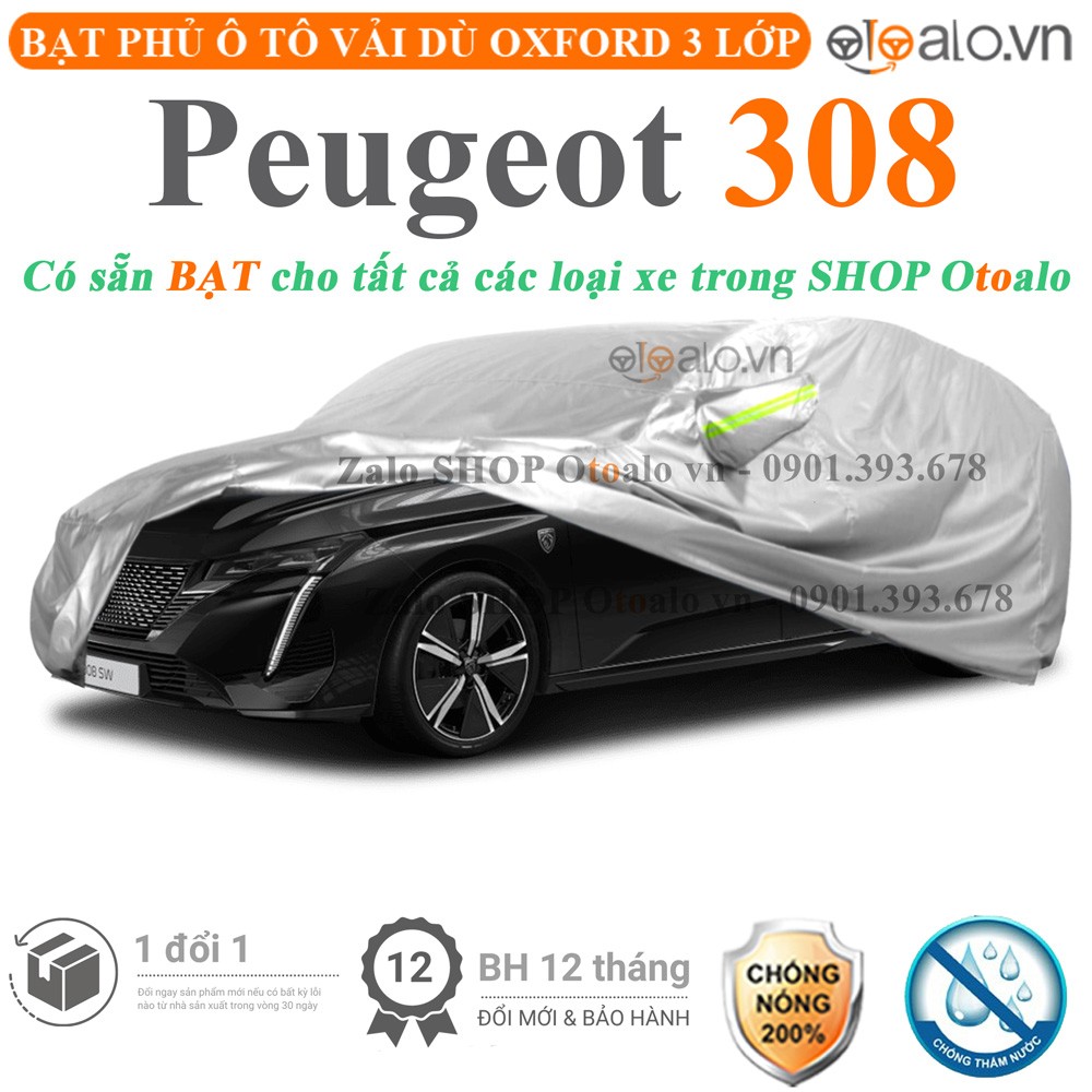 Bạt phủ xe ô tô Peugeot 308 vải dù 3 lớp cao cấp - OTOALO